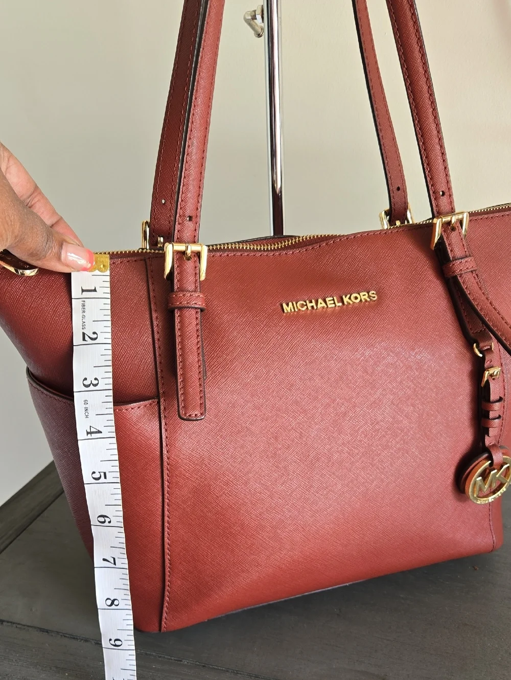Michael Kors Jet Set  Brick Red Saffiano Leather Tote with Gold MK Charm